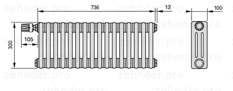 Схема (чертеж) Радиатор Zehnder Charleston 3030/16 №V012 Белый глянцевый RAL 9016